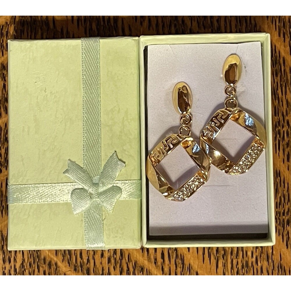 Gold Tone Drop EarringsGreek Style  Twisted Square Crystal Rhinestone Pave NWOT